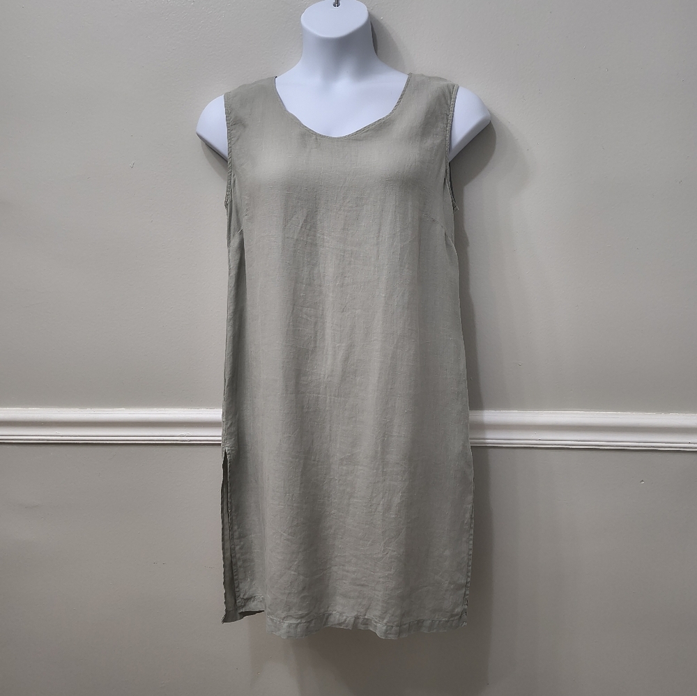 LuberOne Women's 100% Linen Sleeveless Dress Green Sz 5 Luxury Career Minimalist